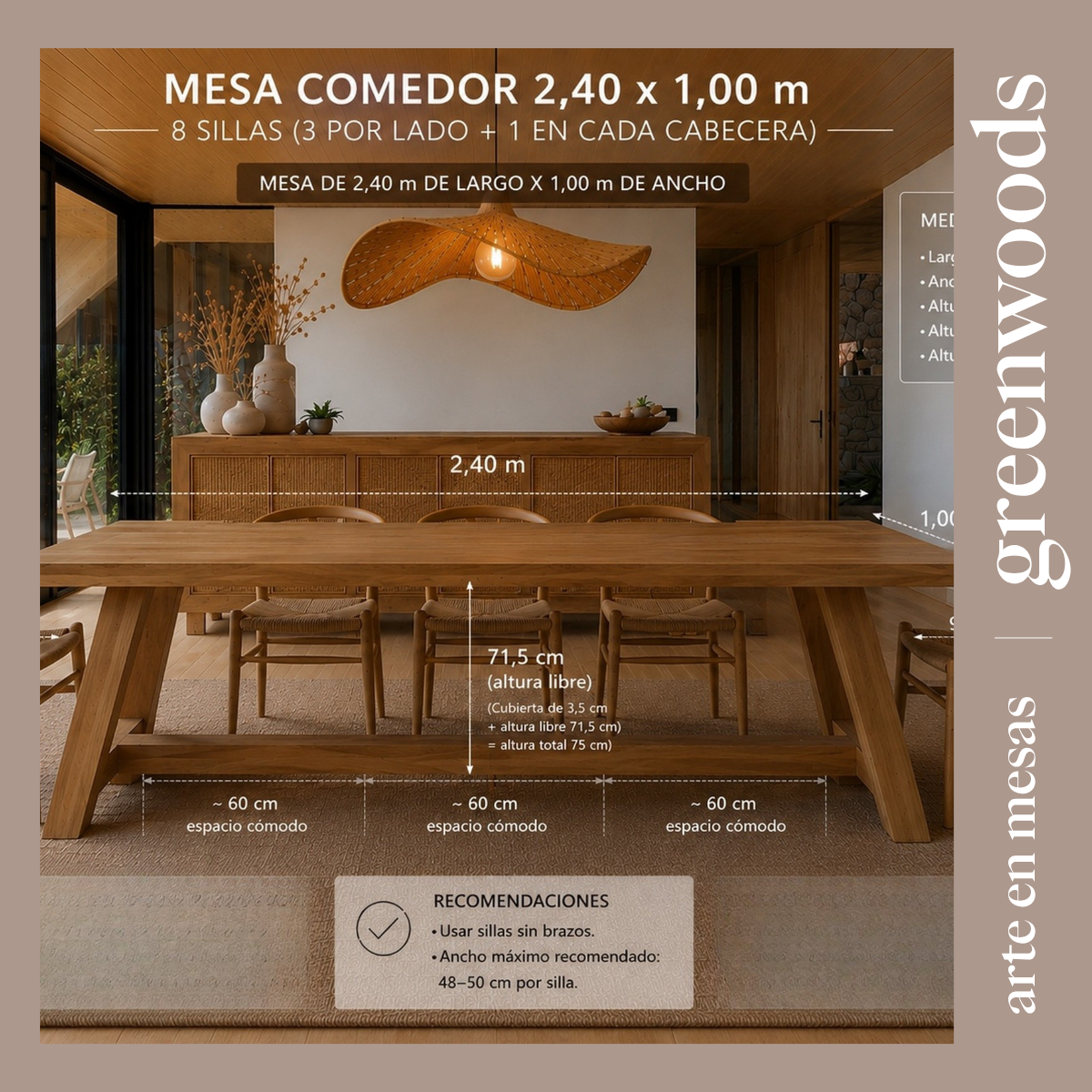 Mesa de comedor escandinava en madera lenga maciza en interior moderno con diseño minimalista, a medida de 240 x 100